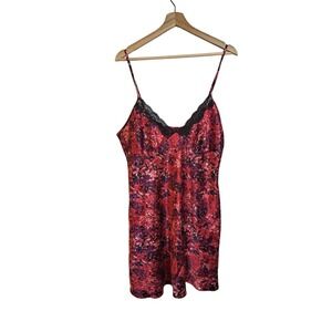 Ambrielle Pink Floral Slip Dress Black Lace Trim Size Large